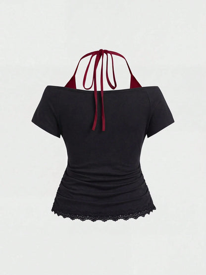 ROMWE Fairycore Plus Size Retro Y2K Totem Rhinestone Lace Trim Deep V-Neck 2 In 1 Cinched Waist T-Shirt