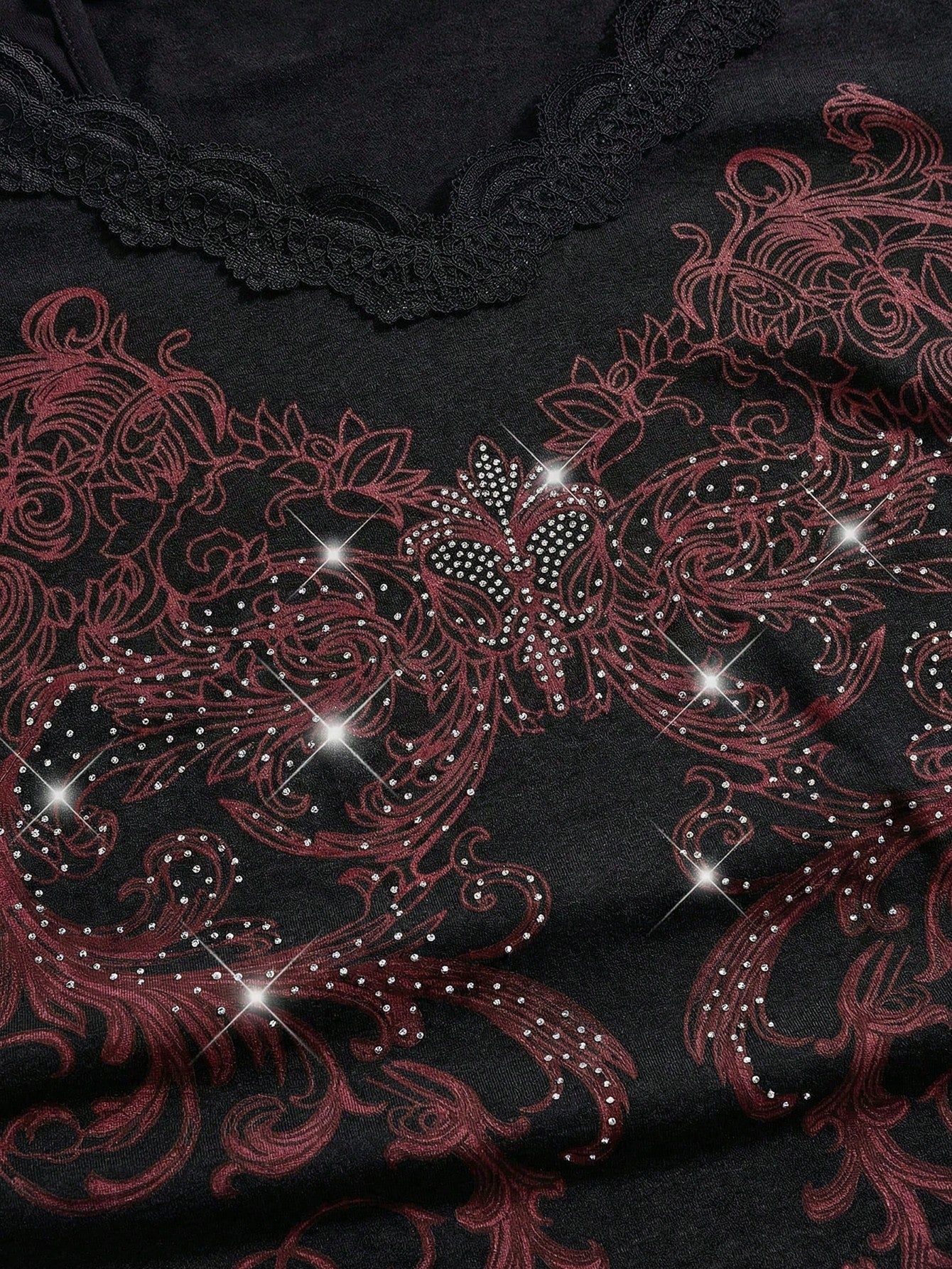 ROMWE Fairycore Plus Size Retro Y2K Totem Rhinestone Lace Trim Deep V-Neck 2 In 1 Cinched Waist T-Shirt