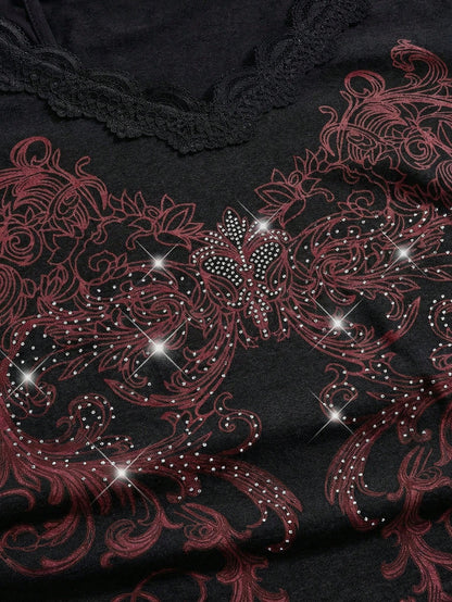 ROMWE Fairycore Plus Size Retro Y2K Totem Rhinestone Lace Trim Deep V-Neck 2 In 1 Cinched Waist T-Shirt