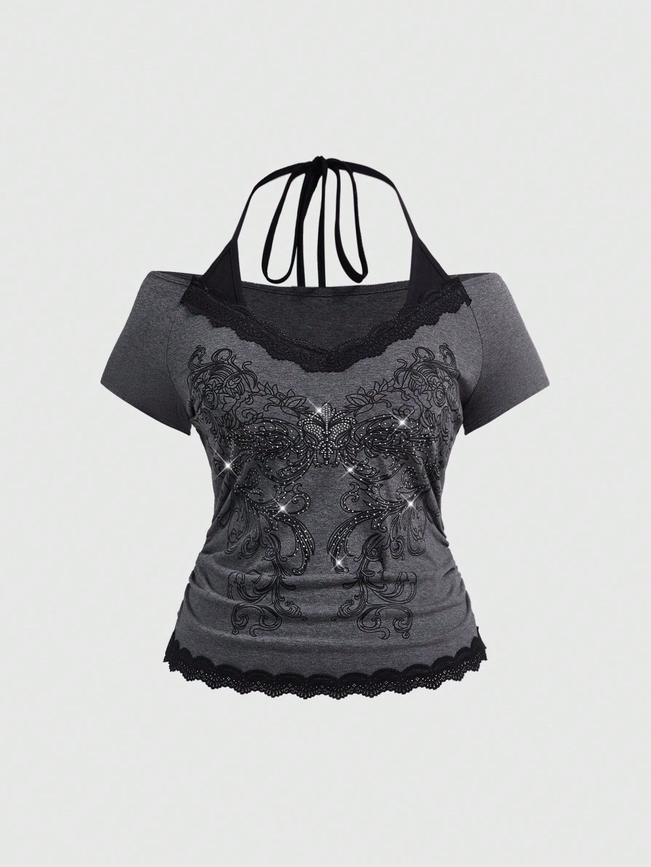 ROMWE Fairycore Plus Size Retro Y2K Totem Rhinestone Lace Trim Deep V-Neck 2 In 1 Cinched Waist T-Shirt