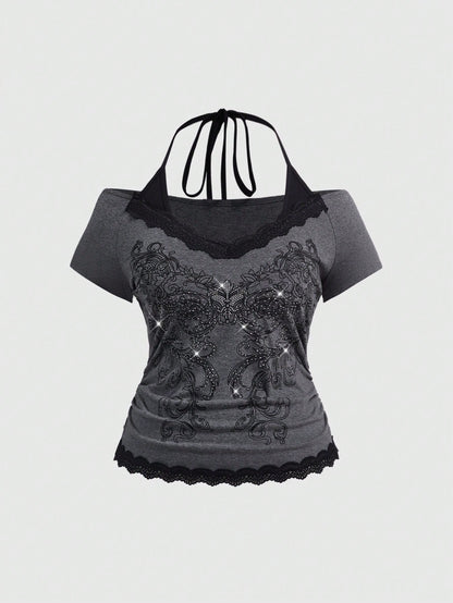ROMWE Fairycore Plus Size Retro Y2K Totem Rhinestone Lace Trim Deep V-Neck 2 In 1 Cinched Waist T-Shirt