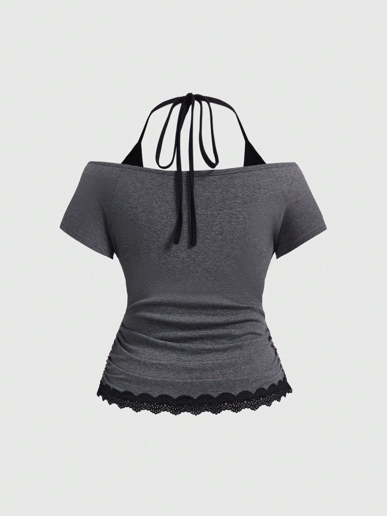 ROMWE Fairycore Plus Size Retro Y2K Totem Rhinestone Lace Trim Deep V-Neck 2 In 1 Cinched Waist T-Shirt