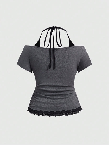 ROMWE Fairycore Plus Size Retro Y2K Totem Rhinestone Lace Trim Deep V-Neck 2 In 1 Cinched Waist T-Shirt