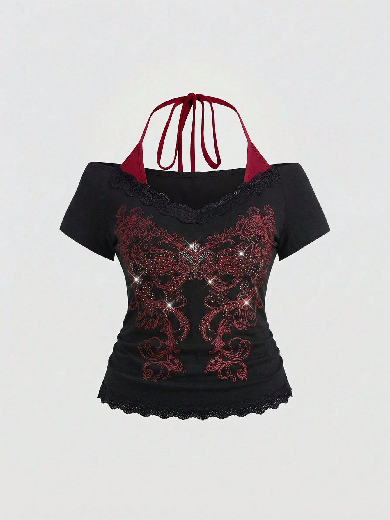 ROMWE Fairycore Plus Size Retro Y2K Totem Rhinestone Lace Trim Deep V-Neck 2 In 1 Cinched Waist T-Shirt
