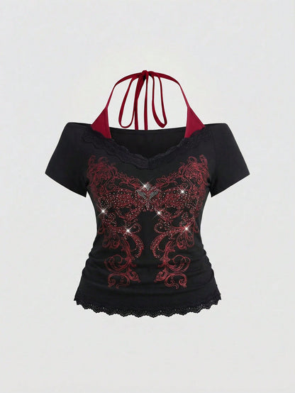ROMWE Fairycore Plus Size Retro Y2K Totem Rhinestone Lace Trim Deep V-Neck 2 In 1 Cinched Waist T-Shirt