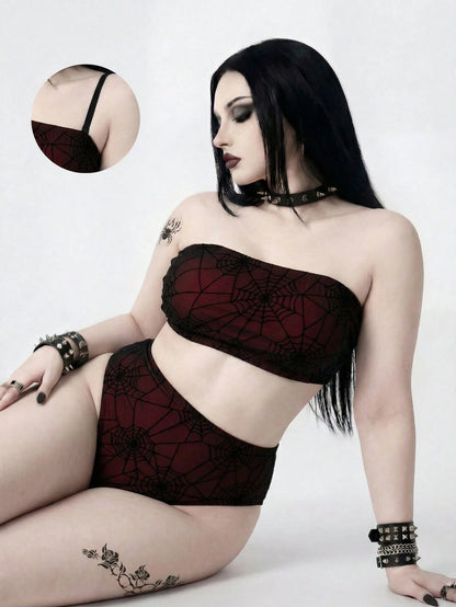 ROMWE Goth 2026 New Plus Size 2 Pieces Swimwear Set, Women Summer Beach Vacation Outfit