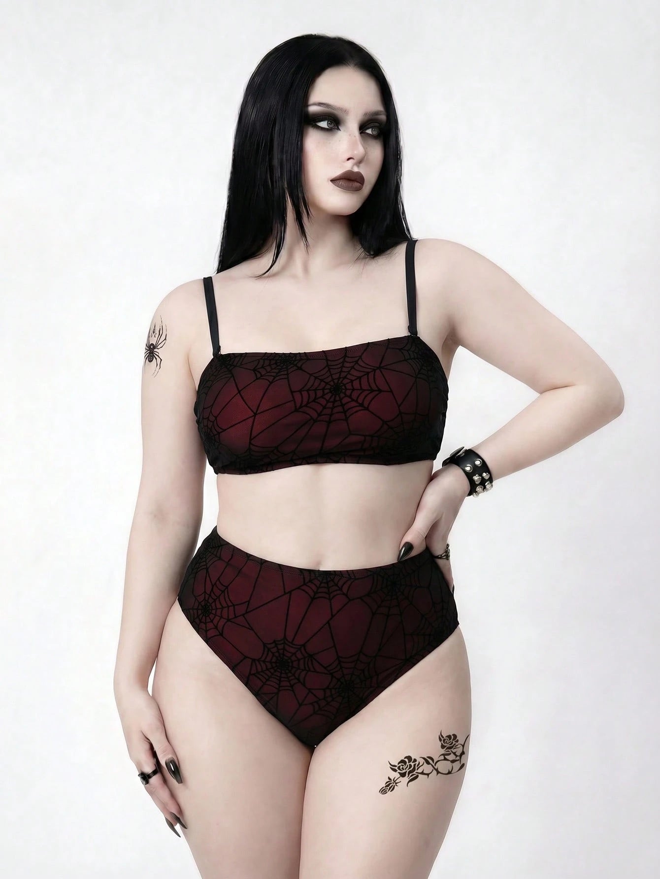 ROMWE Goth 2026 New Plus Size 2 Pieces Swimwear Set, Women Summer Beach Vacation Outfit