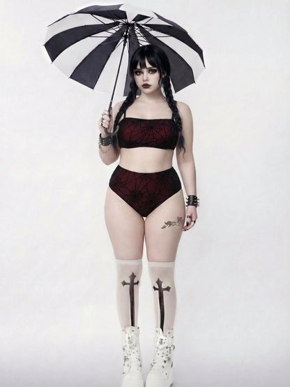 ROMWE Goth 2026 New Plus Size 2 Pieces Swimwear Set, Women Summer Beach Vacation Outfit
