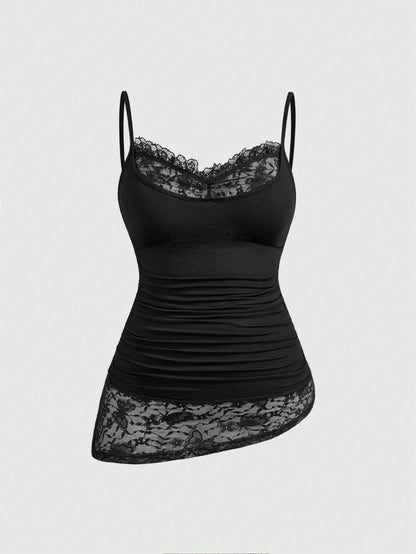 ROMWE Goth Plus Size Sexy Butterfly Lace Patchwork Minimalist Versatile Long Camisole Top