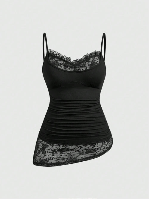 ROMWE Goth Plus Size Sexy Butterfly Lace Patchwork Minimalist Versatile Long Camisole Top