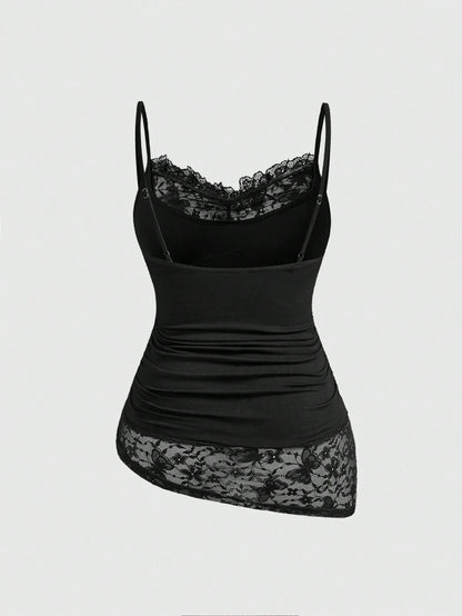 ROMWE Goth Plus Size Sexy Butterfly Lace Patchwork Minimalist Versatile Long Camisole Top