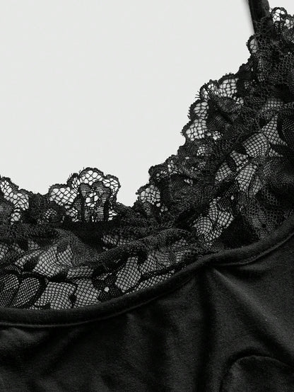 ROMWE Goth Plus Size Sexy Butterfly Lace Patchwork Minimalist Versatile Long Camisole Top