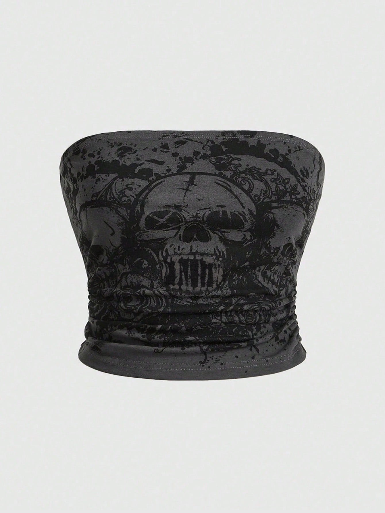 ROMWE Goth Plus Size Women's Skull Print Strapless Top For Summer