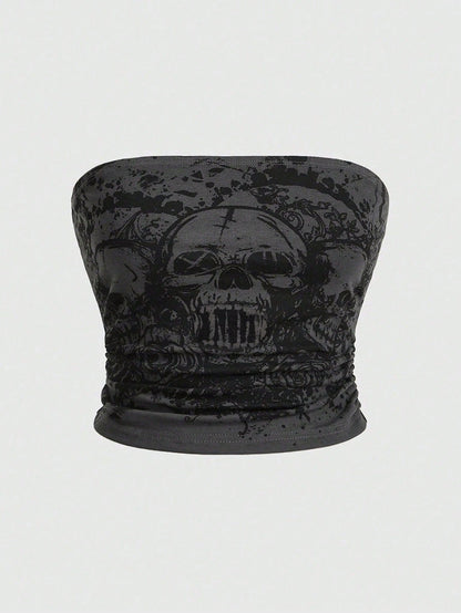 ROMWE Goth Plus Size Women's Skull Print Strapless Top For Summer