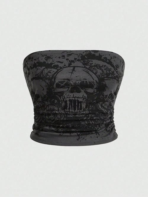 ROMWE Goth Plus Size Women's Skull Print Strapless Top For Summer