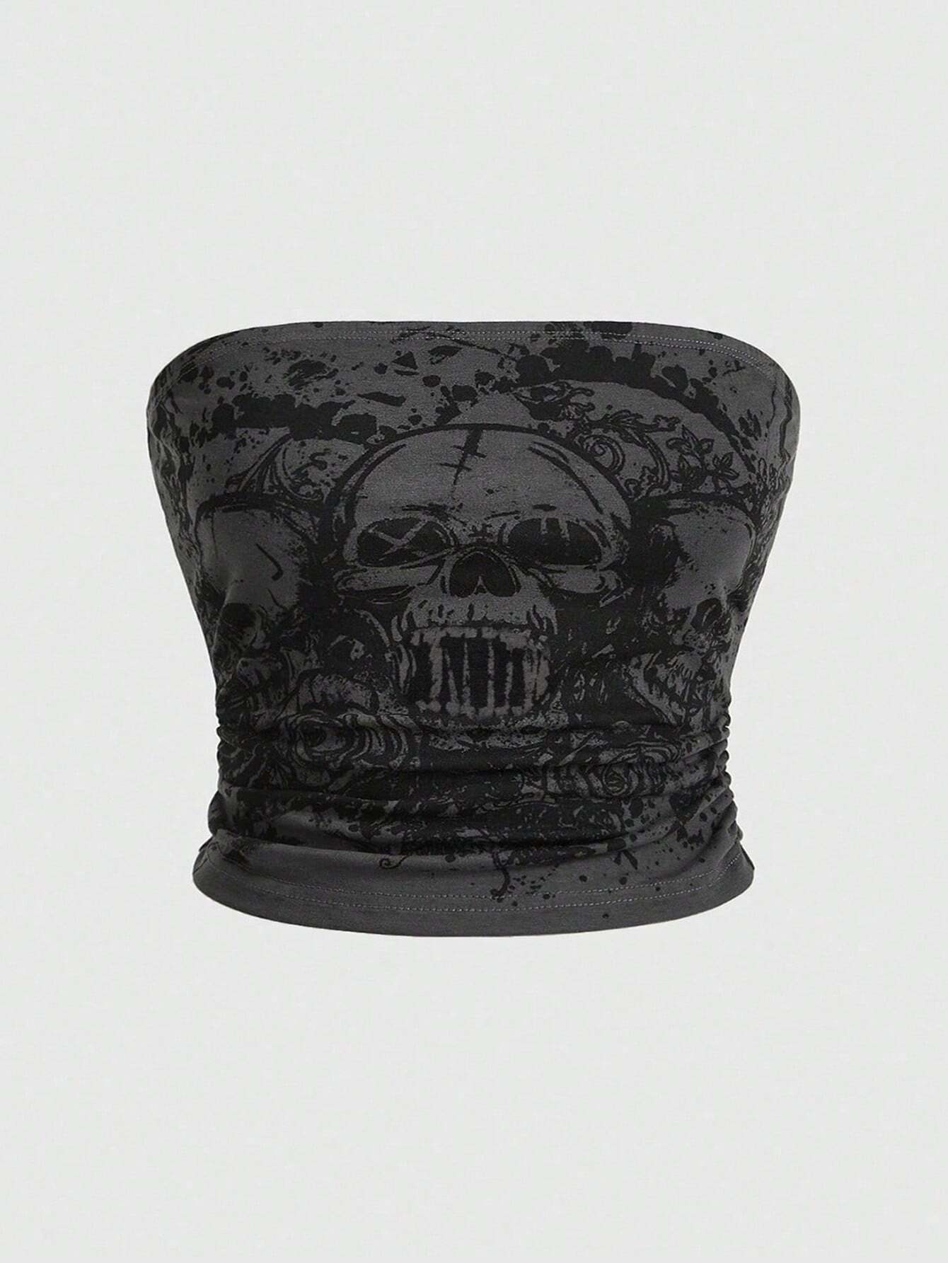 ROMWE Goth Plus Size Women's Skull Print Strapless Top For Summer