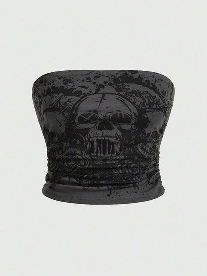 ROMWE Goth Plus Size Women's Skull Print Strapless Top For Summer