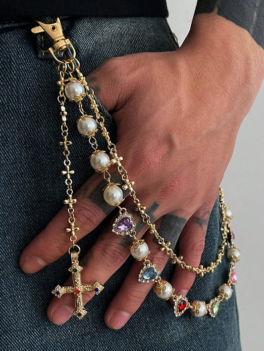 ROMWE Grunge Punk Hip-Hop Design Colorful Rhinestone Cross Waist Chain Pendant Decor Faux Pearl Ornament Chain Pants
