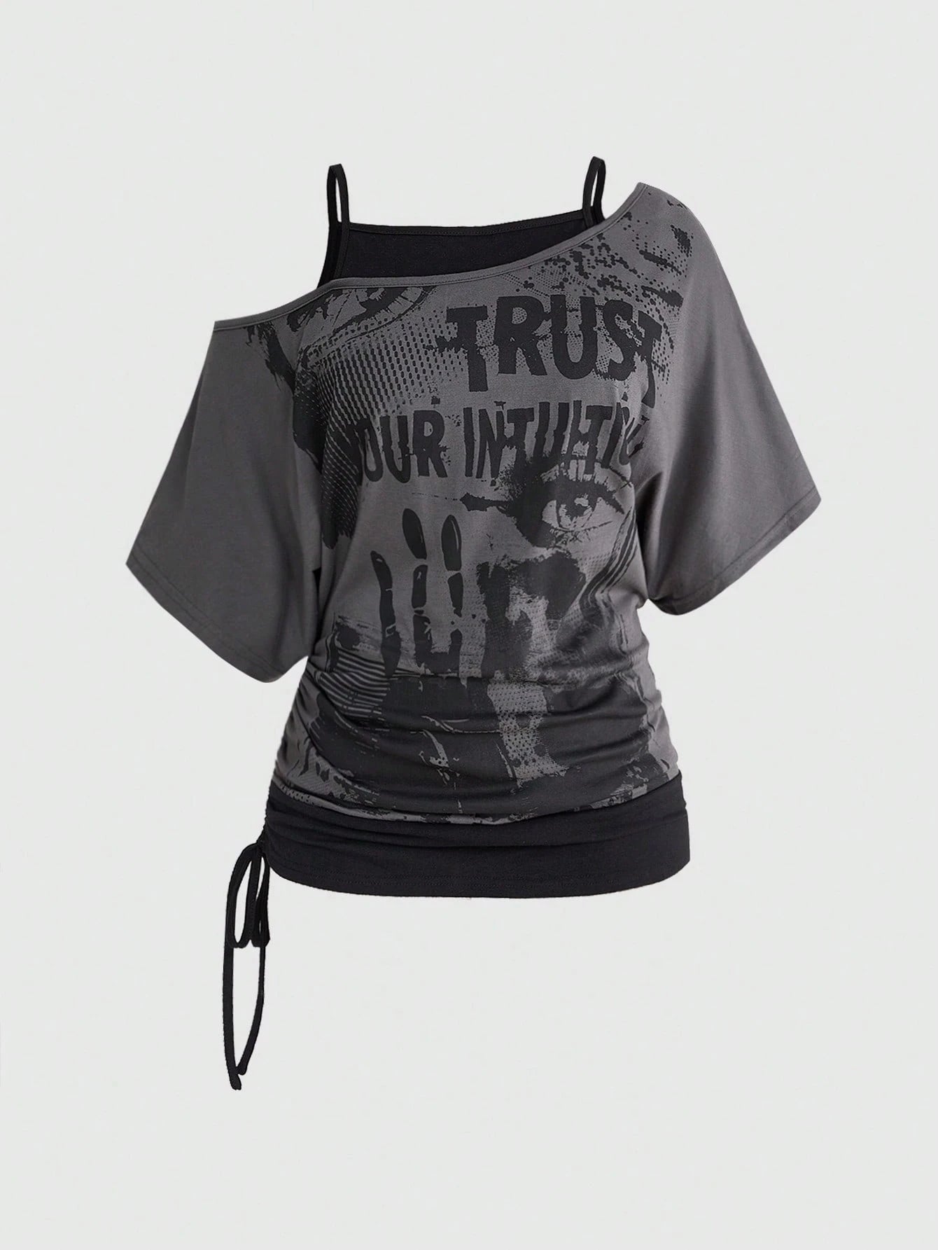ROMWE Grunge Punk Vintage Music Festival Party Skeleton Tie-Dye Print Loose Asymmetrical Shoulder Plus Size T-Shirt