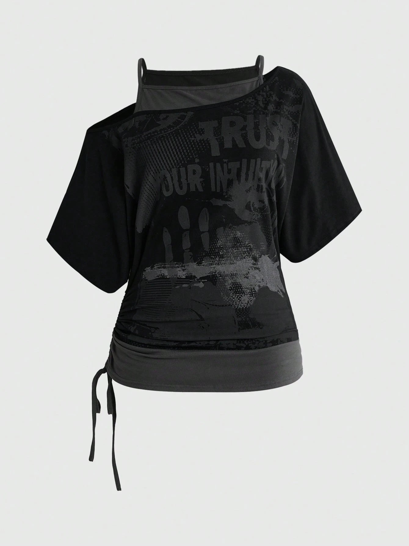 ROMWE Grunge Punk Vintage Music Festival Party Skeleton Tie-Dye Print Loose Asymmetrical Shoulder Plus Size T-Shirt