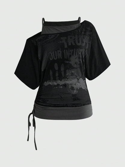 ROMWE Grunge Punk Vintage Music Festival Party Skeleton Tie-Dye Print Loose Asymmetrical Shoulder Plus Size T-Shirt