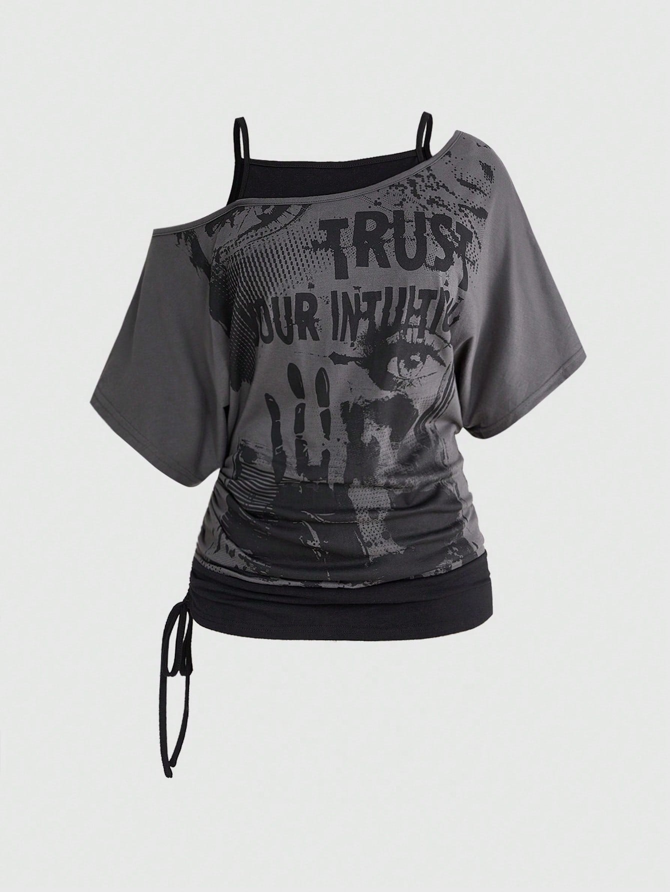 ROMWE Grunge Punk Vintage Music Festival Party Skeleton Tie-Dye Print Loose Asymmetrical Shoulder Plus Size T-Shirt