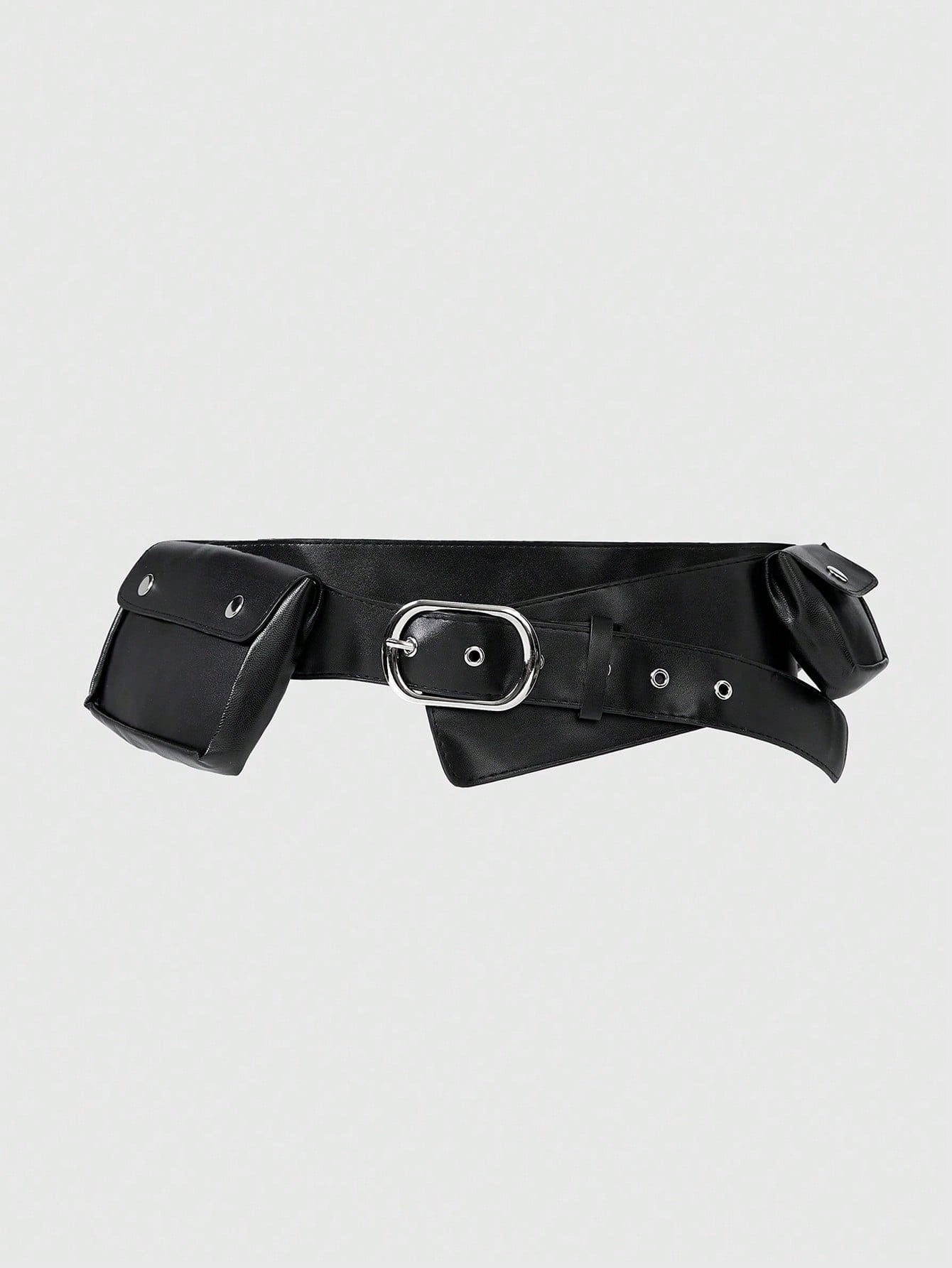 ROMWE Grunge Punk Y2K Punk Style Black Metal Rivet Grommet Multi-Pocket Adjustable Metal Buckle Women Waist Bag