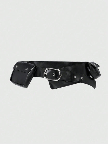 ROMWE Grunge Punk Y2K Punk Style Black Metal Rivet Grommet Multi-Pocket Adjustable Metal Buckle Women Waist Bag