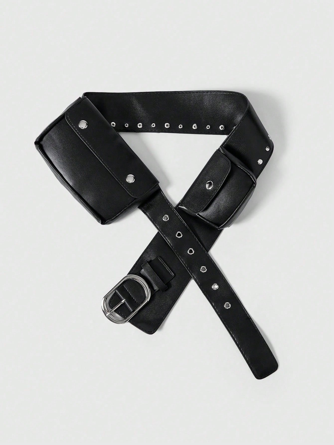 ROMWE Grunge Punk Y2K Punk Style Black Metal Rivet Grommet Multi-Pocket Adjustable Metal Buckle Women Waist Bag