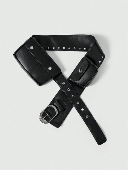 ROMWE Grunge Punk Y2K Punk Style Black Metal Rivet Grommet Multi-Pocket Adjustable Metal Buckle Women Waist Bag