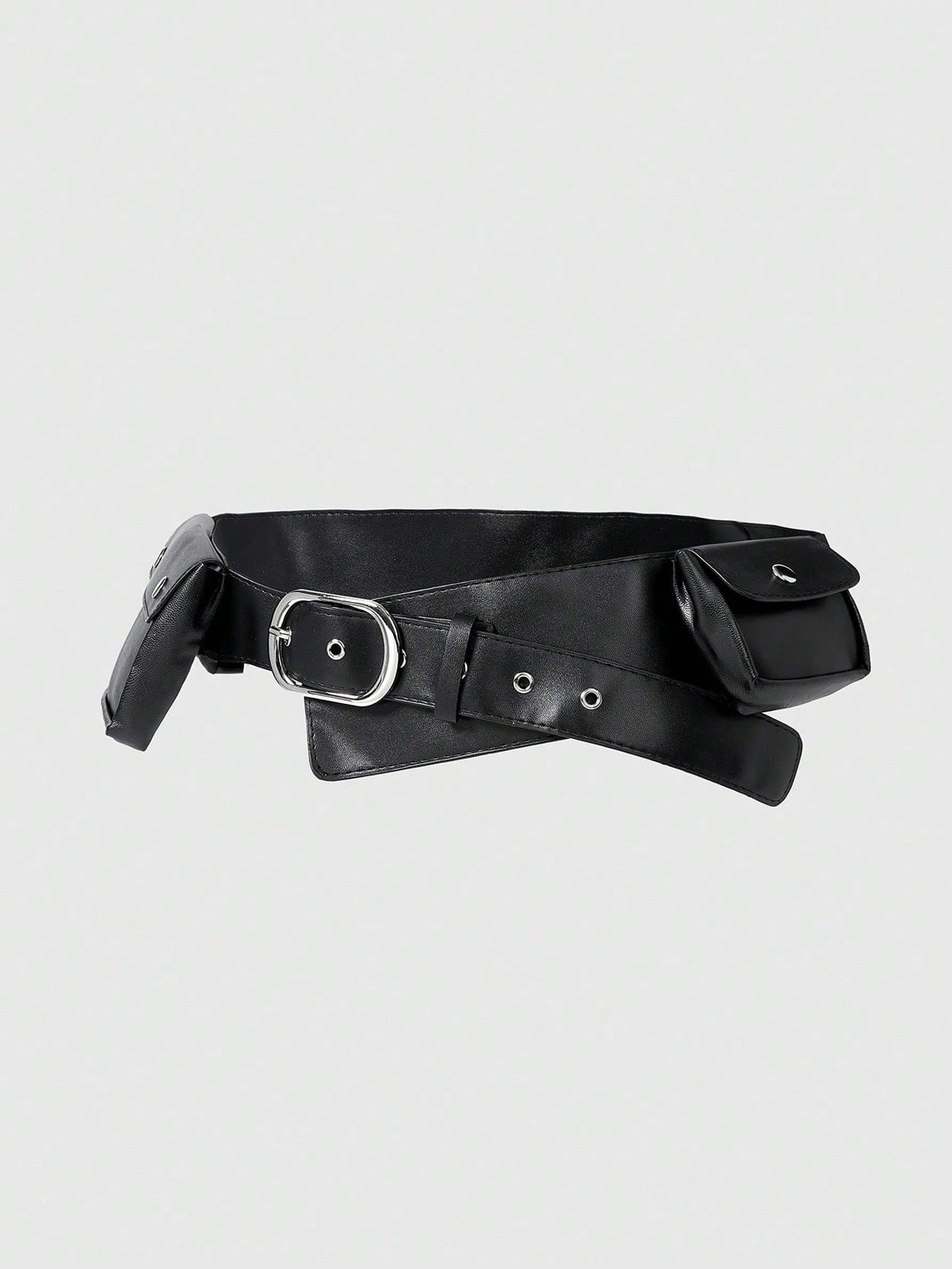 ROMWE Grunge Punk Y2K Punk Style Black Metal Rivet Grommet Multi-Pocket Adjustable Metal Buckle Women Waist Bag
