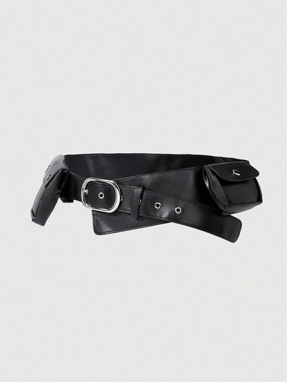 ROMWE Grunge Punk Y2K Punk Style Black Metal Rivet Grommet Multi-Pocket Adjustable Metal Buckle Women Waist Bag