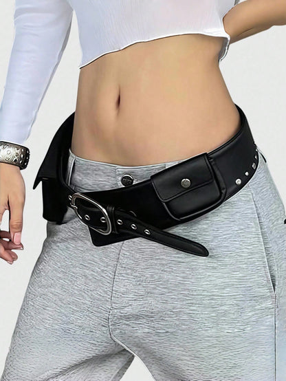 ROMWE Grunge Punk Y2K Punk Style Black Metal Rivet Grommet Multi-Pocket Adjustable Metal Buckle Women Waist Bag