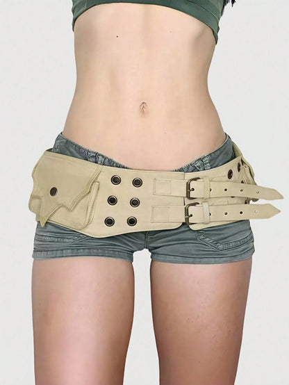 ROMWE Grunge Punk Y2K Punk Style Black Metal Rivet Grommet Multi-Pocket Adjustable Metal Buckle Women Waist Bag
