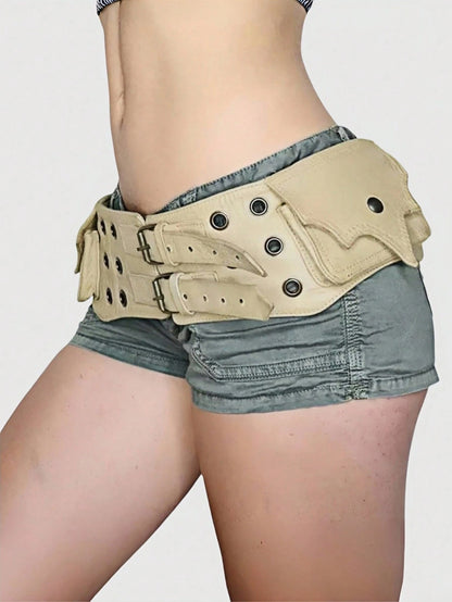 ROMWE Grunge Punk Y2K Punk Style Black Metal Rivet Grommet Multi-Pocket Adjustable Metal Buckle Women Waist Bag