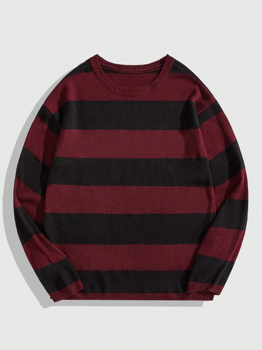 ROMWE MEN Grunge Punk Spring Casual Graphic Red Men'S Casual Contrast Stripe Round Neck Sweater, Autumn/Winter