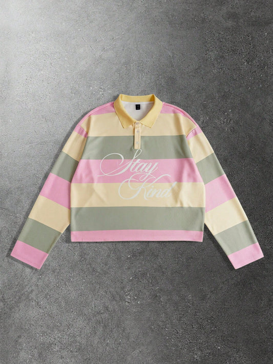 ROMWE MEN Prep Spring Casual Graphic Men'S Casual Loose Contrast Stripe Long Sleeve Polo Shirt