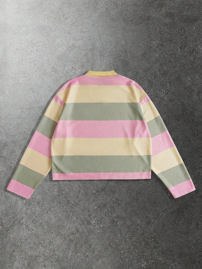 ROMWE MEN Prep Spring Casual Graphic Men'S Casual Loose Contrast Stripe Long Sleeve Polo Shirt