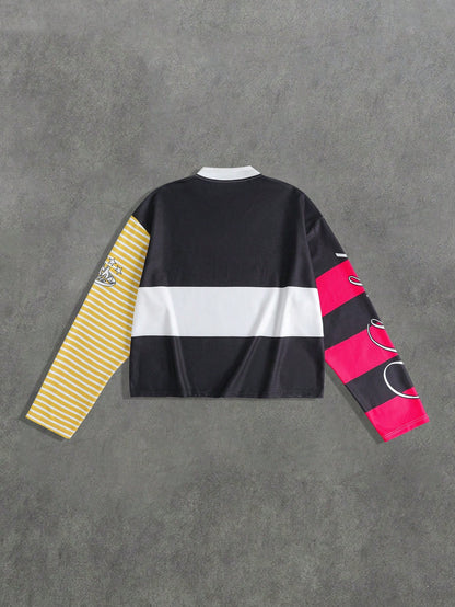 ROMWE MEN Prep Spring Casual Graphic Men'S Casual Loose Contrast Stripe Long Sleeve Polo Shirt