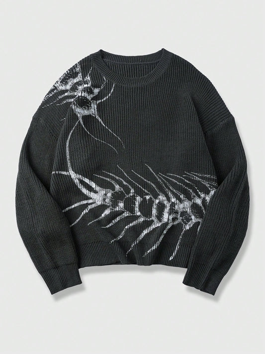ROMWE MEN Spring Casual Graphic Men'S Casual Distressed Scorpion Pattern Round Neck Long Sleeve Sweater, Autumn/Winter