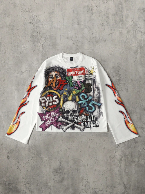 ROMWE MEN Street Life Men's Printed Long Sleeve T-Shirt Streetwear Vintage