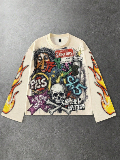 ROMWE MEN Street Life Men's Printed Long Sleeve T-Shirt Streetwear Vintage