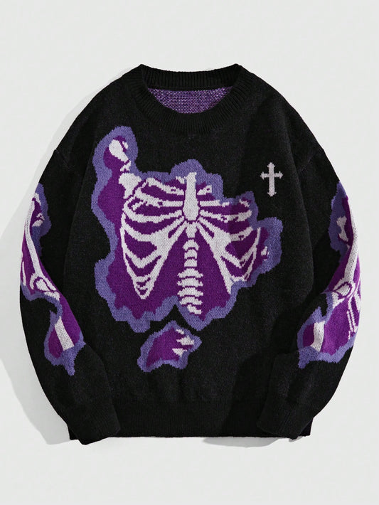 ROMWE MEN Street Life Spring Casual Graphic Men Cross & Skeleton Pattern Pullover Sweater For Halloween, School, For Fall Winter, Grunge Style, Long Sleeve Top