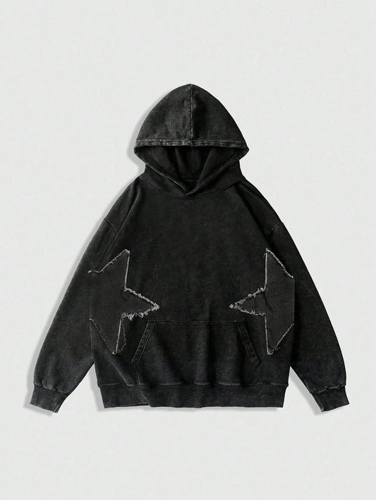 ROMWE MEN Street Life Teen Boy's Autumn Star Frayed Drawstring Black Sweatshirt Casual Sweatshirt Fall Winter