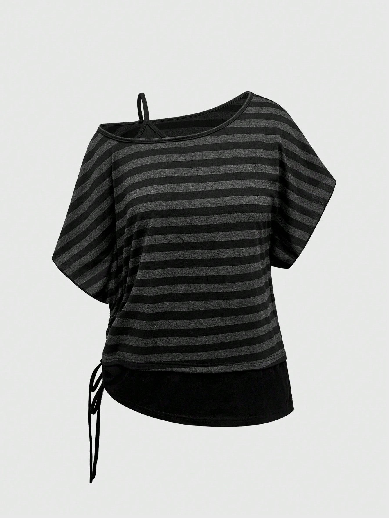 ROMWE Spring/Summer Casual Black Plus Size Grunge Punk Inspired Asymmetric Shoulder Loose Black & Grey Retro Striped T-Shirt, Plus Size