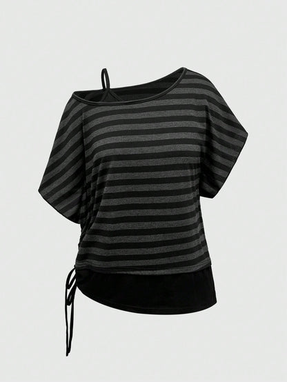 ROMWE Spring/Summer Casual Black Plus Size Grunge Punk Inspired Asymmetric Shoulder Loose Black & Grey Retro Striped T-Shirt, Plus Size