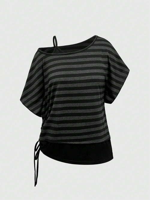 ROMWE Spring/Summer Casual Black Plus Size Grunge Punk Inspired Asymmetric Shoulder Loose Black & Grey Retro Striped T-Shirt, Plus Size