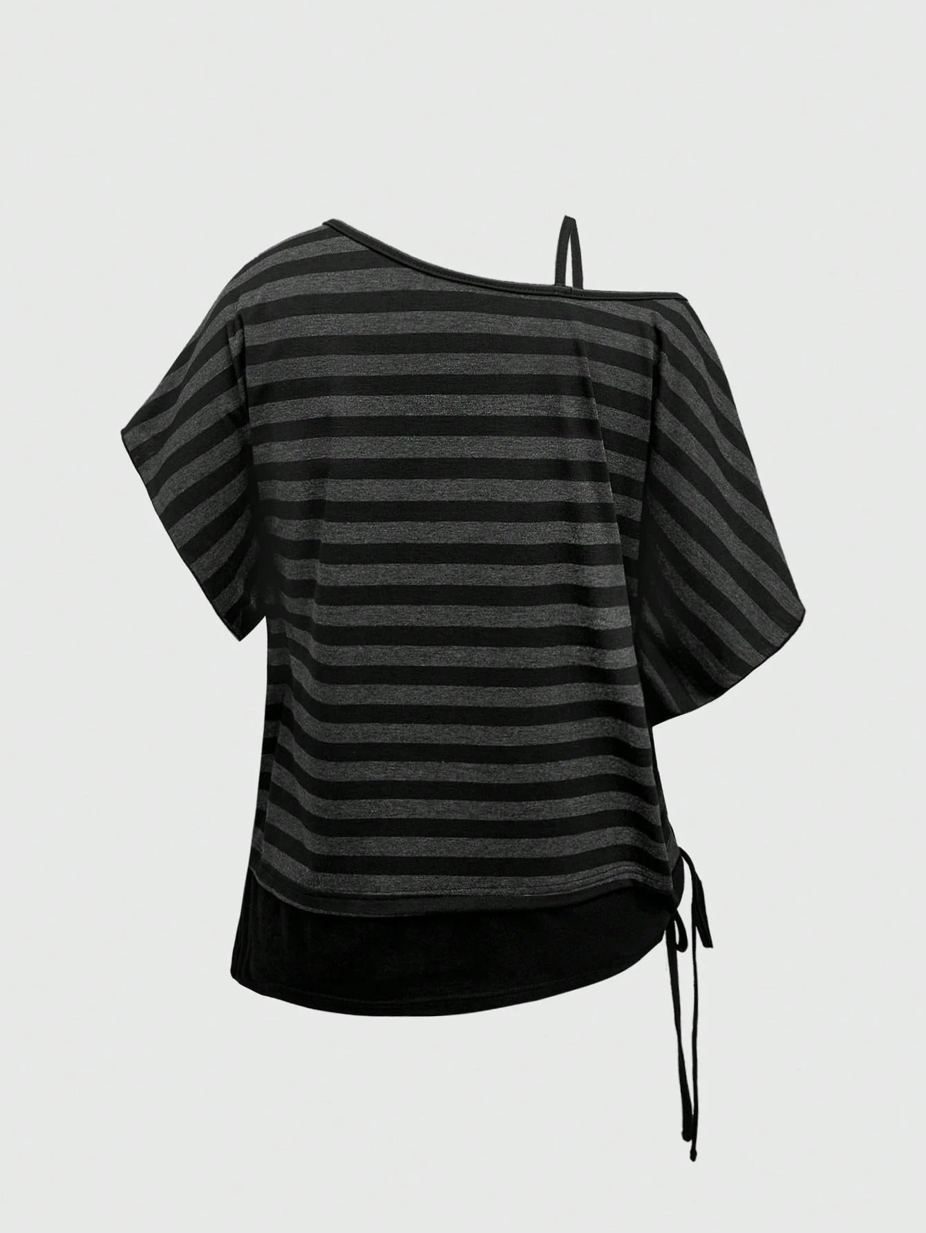 ROMWE Spring/Summer Casual Black Plus Size Grunge Punk Inspired Asymmetric Shoulder Loose Black & Grey Retro Striped T-Shirt, Plus Size