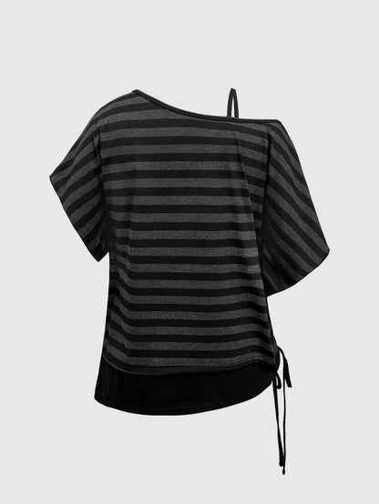 ROMWE Spring/Summer Casual Black Plus Size Grunge Punk Inspired Asymmetric Shoulder Loose Black & Grey Retro Striped T-Shirt, Plus Size