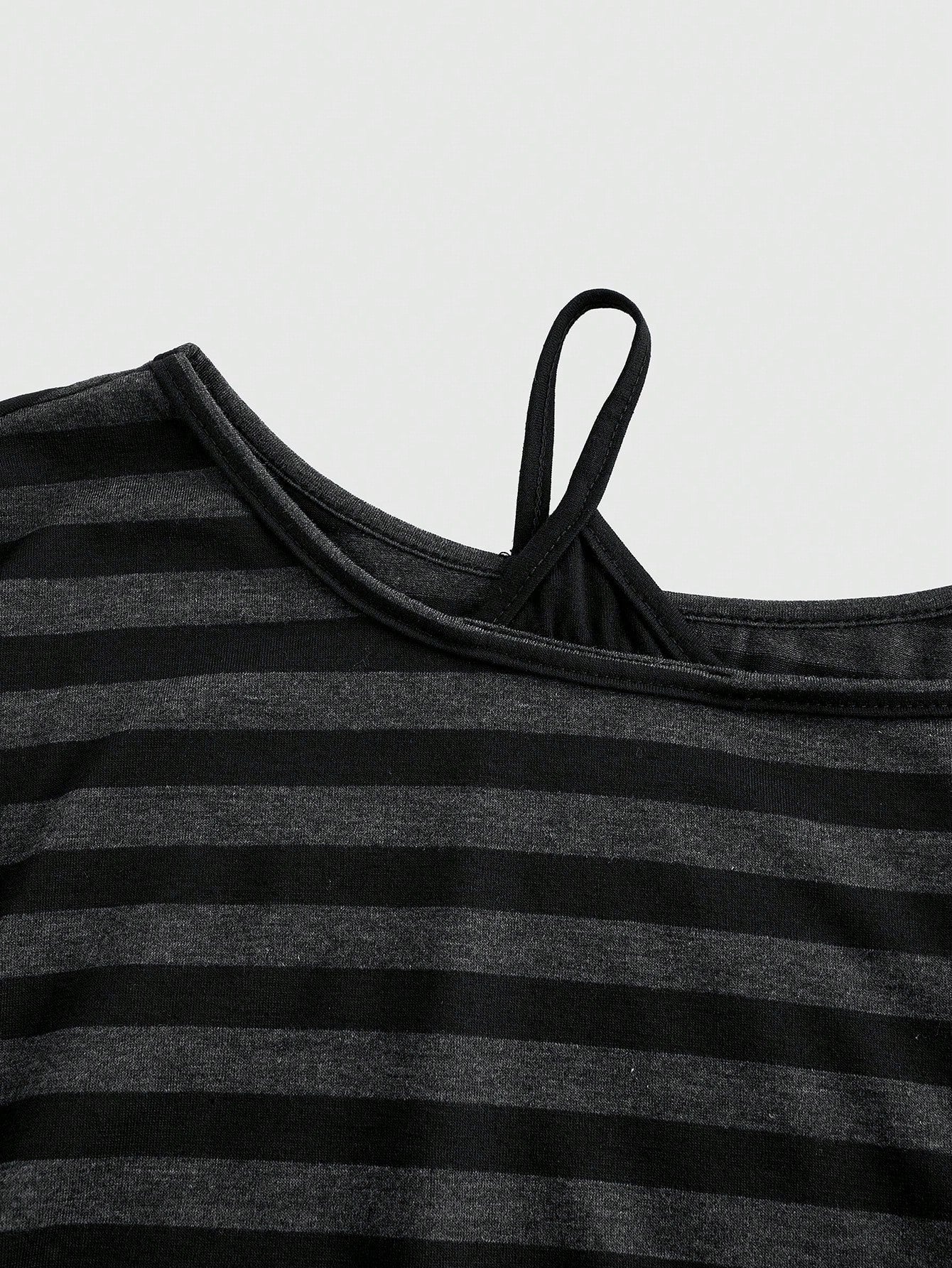 ROMWE Spring/Summer Casual Black Plus Size Grunge Punk Inspired Asymmetric Shoulder Loose Black & Grey Retro Striped T-Shirt, Plus Size